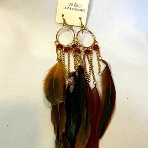 DaVinci Tan Feathered Dangling Earrings.